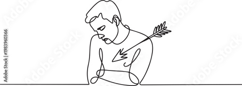 Dejected man with arrow in his chest continuous one line drawing. Arrow in person chest single line art illustration. one line icon drawing vector