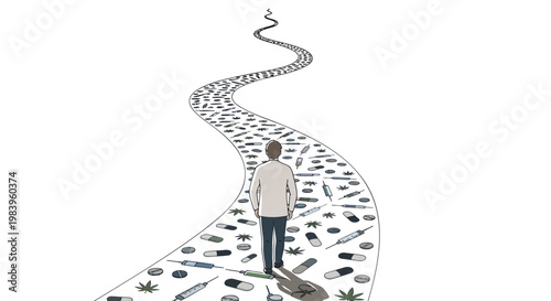 Man standing on path of various drugs and narcotics contemplating addiction and substance abuse
