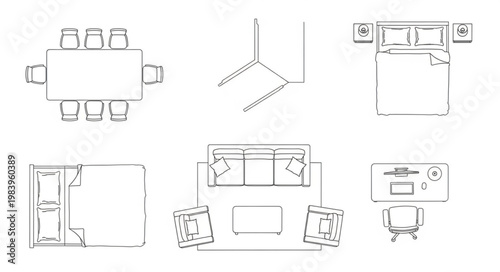 Top view floor plan layouts for different rooms.