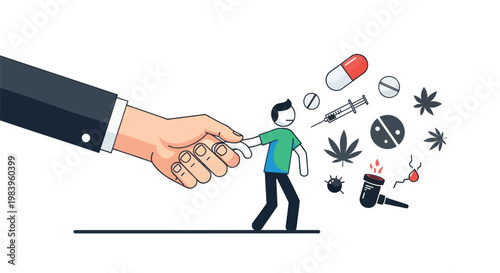 Person being offered drugs by a giant hand with various narcotics and pills floating nearby symbolizing addiction and substance abuse
