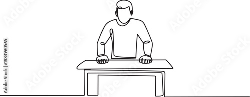 man stands with his fists on the table. one line icon drawing vector