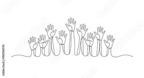 Group of human hands raised up in continuous line drawing style symbolizing unity teamwork and community support together.