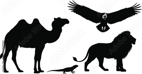 Black silhouettes of camel lion lizard and eagle on white background