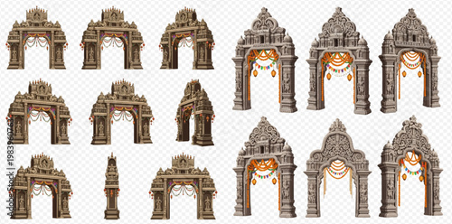 Set of ancient stone arches and gates with intricate carvings, isolated on a transparent background, depicting historical architectural elements.