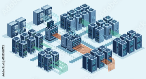 Isometric illustration of a futuristic cityscape with sleek skyscrapers and infrastructure.
