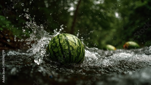 Whole watermelon rolling down a clear stream, splashing water, surrounded by
