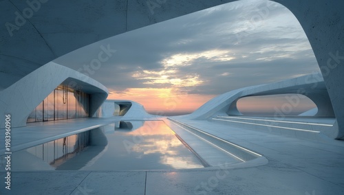 futuristic architecture with clean lines and a reflective pool at sunset, clean