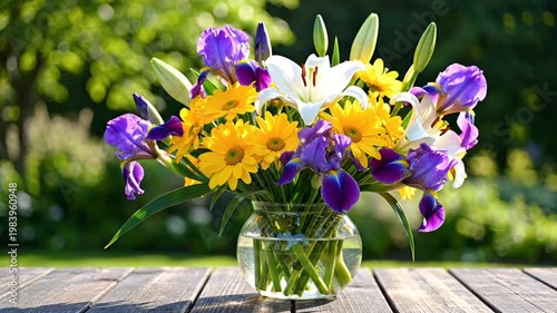 Colorful bouquet of flowers on wooden table outdoors