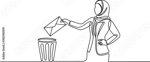 Continuous one line drawing Arab businesswoman throw the large envelope in trash. Delete digital data that is considered unimportant. one line icon drawing vector