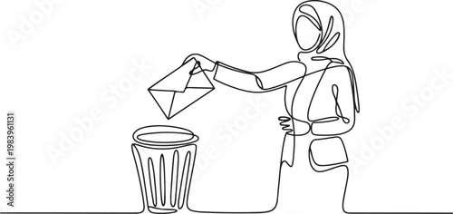 Continuous one line drawing Arab businesswoman throw the large envelope in trash. Delete digital data that is considered unimportant. one line icon drawing vector