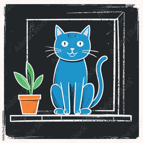Chalk style naive illustration of an ugly cute blue cat in a window