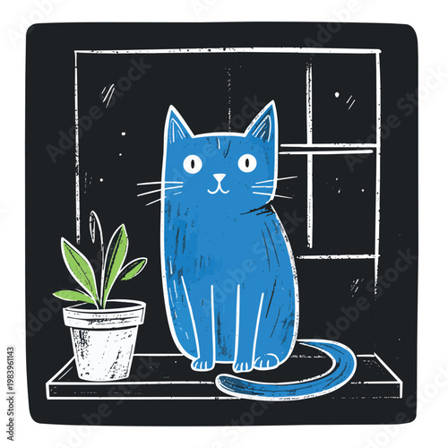 Chalk style naive illustration of an ugly cute blue cat in a window