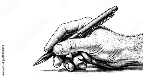 Hand holding pen writing, detailed illustration, business, education, concept.