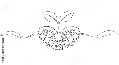 Hands holding small plant seedling with two leaves in careful cupped gesture showing growth and new beginnings with flowing lines.