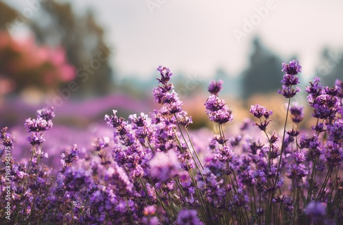Field of vibrant purple lavender flowers with soft focus background, natural