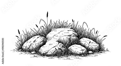 Heap of rough textured stones scattered among green grass wild plants rural landscape outdoor scene natural environment ground details ground cover.