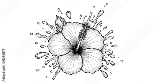 Hibiscus flower line art with liquid water splash effect around petals for tropical cosmetic packaging and summer design.