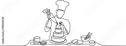 One continuous single drawing line art flat doodle cake, baking, cooking, food, creativity, horizontal, photography, people, chef, one person. one line icon drawing vector