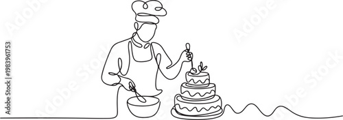 One continuous single drawing line art flat doodle cake, baking, cooking, food, creativity, horizontal, photography, people, chef, one person. one line icon drawing vector