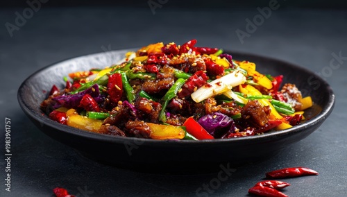 Spicy Sichuan Chinese stir-fry dish with beef, red chilies, and colorful