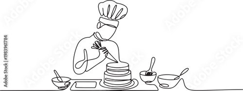 One continuous single drawing line art flat doodle cake, baking, cooking, food, creativity, horizontal, photography, people, chef, one person. one line icon drawing vector