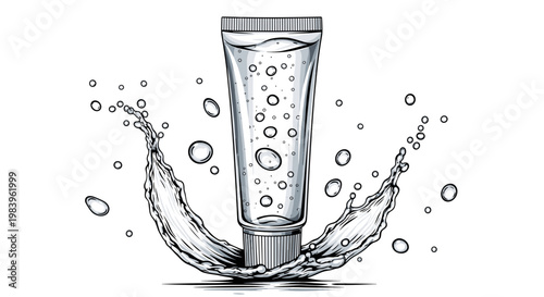 Illustration of cosmetic gel tube with water splash and bubbles representing moisturizing skincare products and freshness.