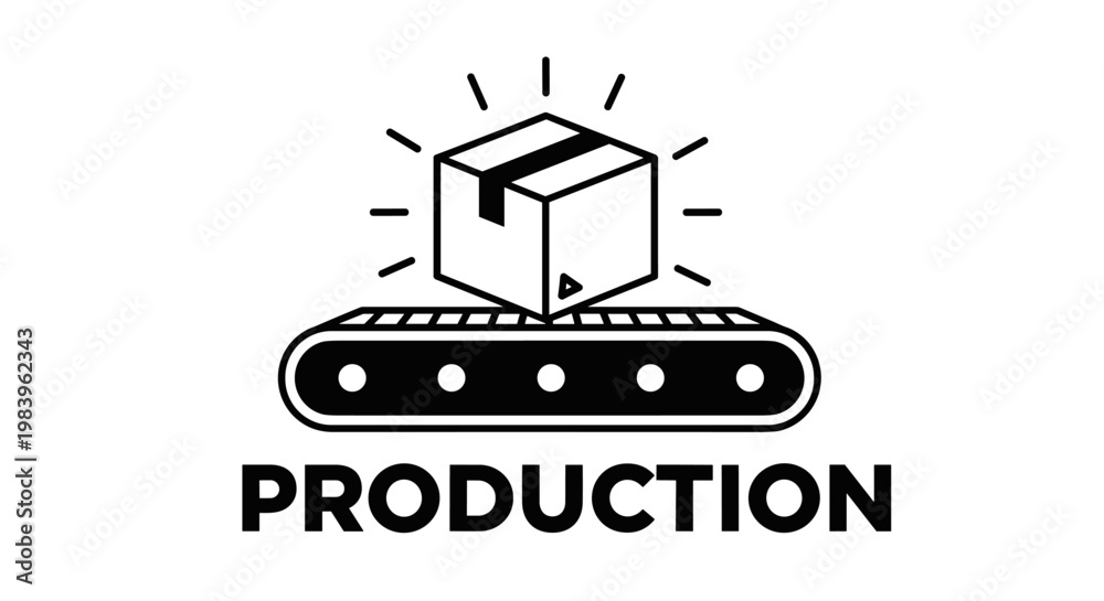 Fototapeta premium Industrial production line illustration featuring cardboard box on conveyor belt with text for manufacturing logistics.