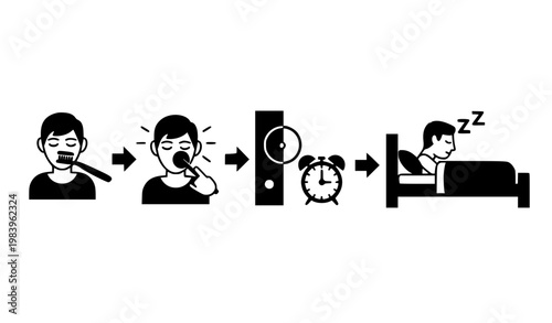 Black and White Sleep Routine Vector Illustration with Night Activities and Bedtime Icons