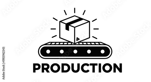 Industrial production line illustration featuring cardboard box on conveyor belt with text for manufacturing logistics.
