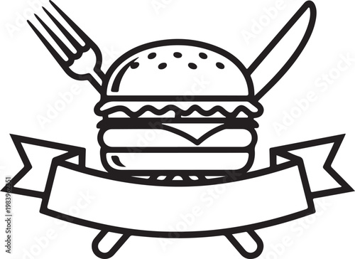 Creative burger illustration with utensils as horns and a banner underneath - stock vector.