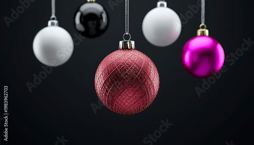 Christmas baubles on black background. 3D rendering. New Year concept.
