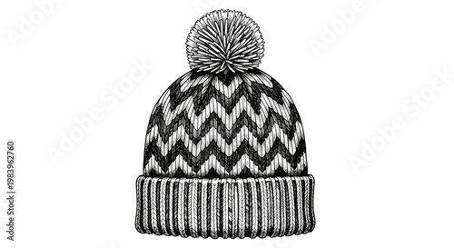Knitted winter hat with a pompom and chevron pattern in a black and white etching style, cozy fashion accessory.