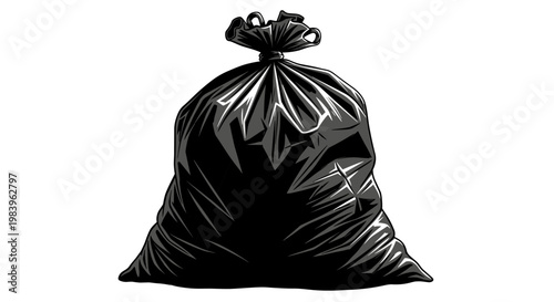 Large black plastic trash bag filled with waste tied at top isolated on white background in graphic comic book art style.