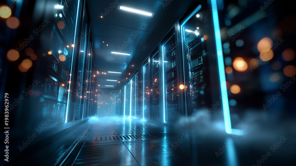 Fototapeta premium Infinite corridor of illuminated AI server rooms blending light and technology in a futuristic setting Generative AI