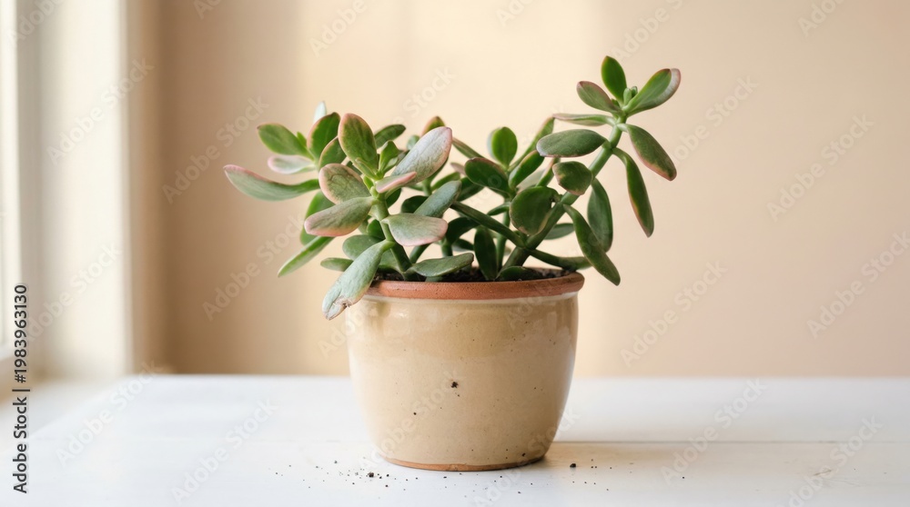 Fototapeta premium Potted jade plant with blush leaves growing in a ceramic planter on a white table for botanical lifestyle blog or home decor editorial with natural morning light