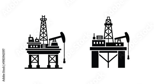 Two oil pump jack silhouettes against a stark white background