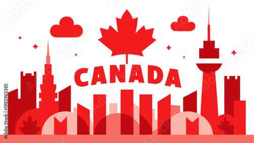 Illustration of canadian landmarks with maple leaf elements