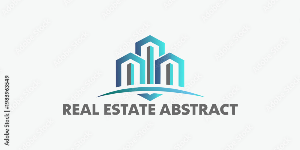 Fototapeta premium Abstract building logo with blue and teal gradients reading real estate