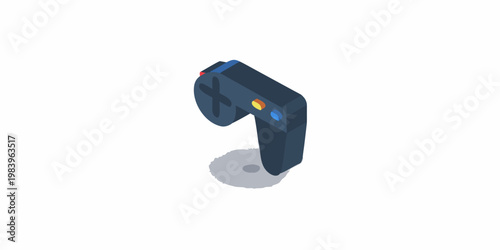 Isometric illustration of a modern video game controller with colorful buttons