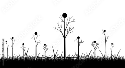 Minimalist graphic silhouettes of barren trees with round tops in grass under light cone on transparent background.