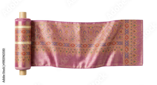 Obraz na plátně Partially unrolled bolt of pink traditional Thai silk fabric