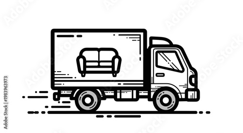 Moving truck delivering furniture icon showing fast transport service with sofa logo on cargo side isolated on white paper.