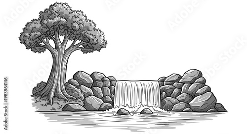 Nature landscape waterfall over rocks and large oak tree by river bank engraving style vector illustration for outdoors.