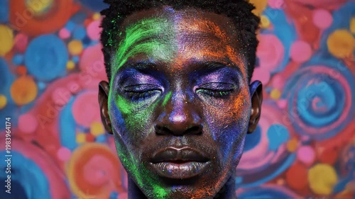 Close-up portrait of a Black man with eyes closed, his face covered in vibrant green, orange, blue, and purple metallic pigments against a colorful abstract circular background.