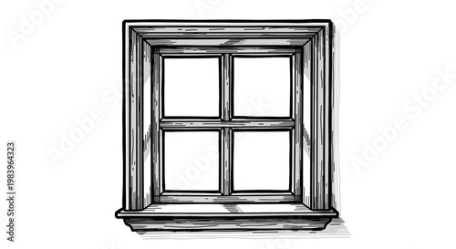 Old wooden window with four panes and sill in vintage style, exterior and interior architectural element.
