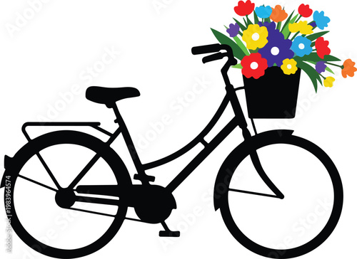 A stylish bicycle adorned with a vibrant basket of colorful flowers - stock vector.