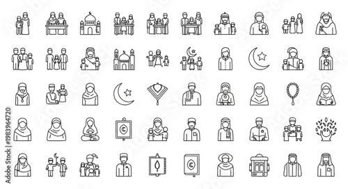 Islamic culture icons set, various religious symbols and people.
