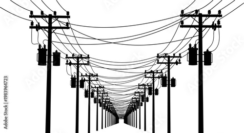 Perspective view of silhouette electricity poles with transformers and overhead wires stretching into distance on white background industrial power line.