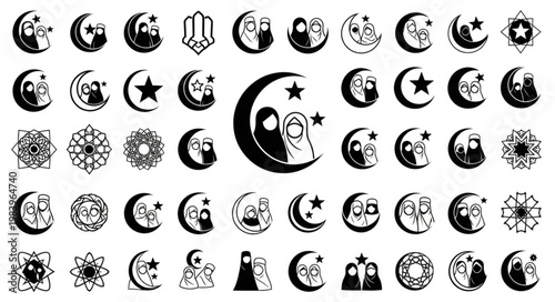 Islamic crescent moon and star symbols with religious figures.