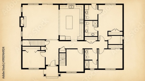 Vintage Residential Floor Plan Architectural Drawing.